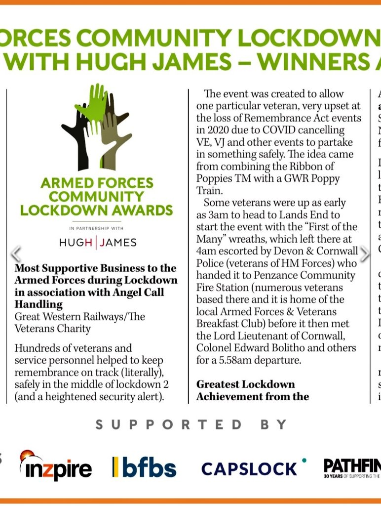 #CharityTuesday

Very proud to see @pathfindermag this month includes @GWRHelp & The @VETERANSCHARITY announced as winners of the @HJSolicitors @ACH_Hampshire Most Supportive Business Award during Lockdown for The @PoppiesTo event last November

#KeepingRemembranceOnTrack