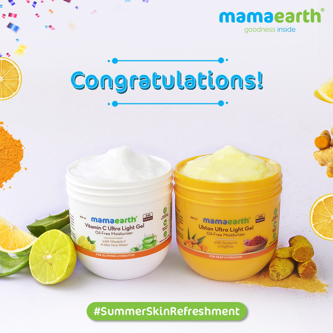 mamaearthindia's tweet photo. We're ecstatic to announce the winners of our #SummerSkinRefreshment Ultra Light Gel Oil-Free Moisturizers Contest! ππ₯³ Here's to @Subramoniam07 and @AnkitaB91896065 πCongratulations! π https://t.co/cOifI4Ucvt