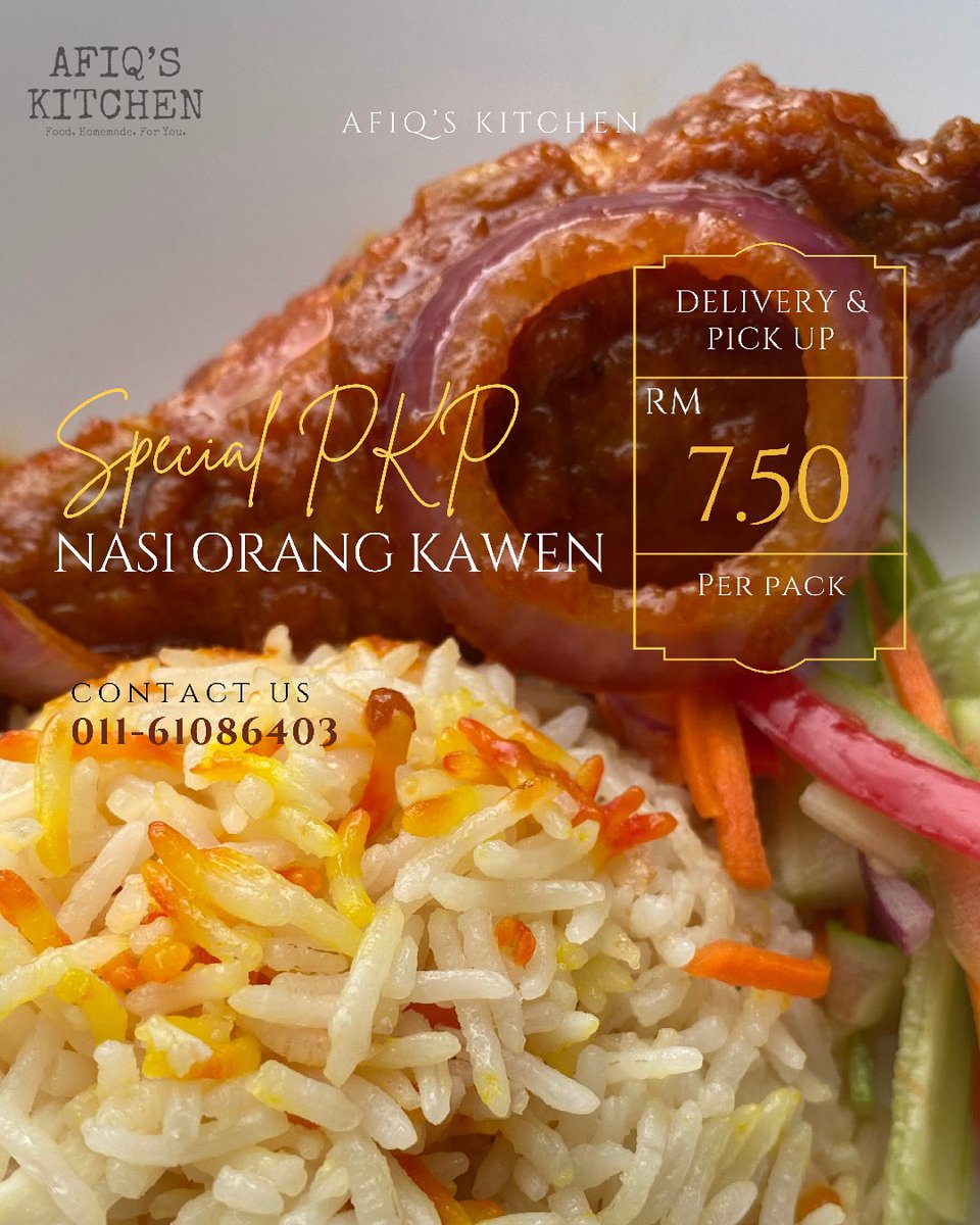KitchenAfiq's tweet photo. @fedtriyahya Nasi Orang Kawen di musim PKP

Siapa yg area Klang Valley nak makan nasi kenduri boleh cuba Nasi Orang Kawen dari @KitchenAfiq 

WhatsApp untuk order 

https://t.co/yrlGWmaPoa

Terima kasih

Mohon share &amp; RT

#kongsirezeki https://t.co/l41HMaro76