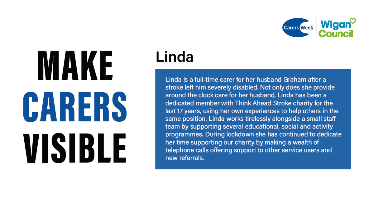 ThinkAheadWigan's tweet photo. It's our duty to make caring something that is visable for all to see.
If people only knew what our carers do behind the scenes. Its 24 hours. Its unpaid. Its thrusted upon them.
Check out our Volunteer Linda's story below.
#CarersWeek2021 #MakeCaringVisable @WiganCouncil https://t.co/okAQc04kuZ