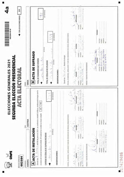ClauMorillo's tweet photo. Una de las actas publicadas en la ONPE vs. las nuestras! los PDFs de las 4 se ven igual pero miseriosamente solo contabilizaron la mesa 082384 donde FP gana con margen de 5 votos a PL... si todas son iguales, por qué solo contabilizan la que tiene mas votos para PL? #FraudeEnMesa https://t.co/yZ4PqQffXg