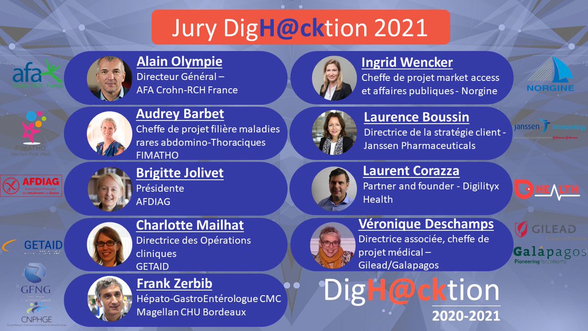 DigHacktion's tweet photo. Découvrez le jury interdisciplinaire qui sera en charge de remettre les différents prix 🏆 à l'issue de #DigHacktion !
@Norgine @JanssenFRA @GileadSciences @GalapagosFrance @digilityx @afaCrohnRCH @L_AFDIAG #GETAID @FiliereFIMATHO #CFNG #CNPHGE https://t.co/ijlNILqQo7