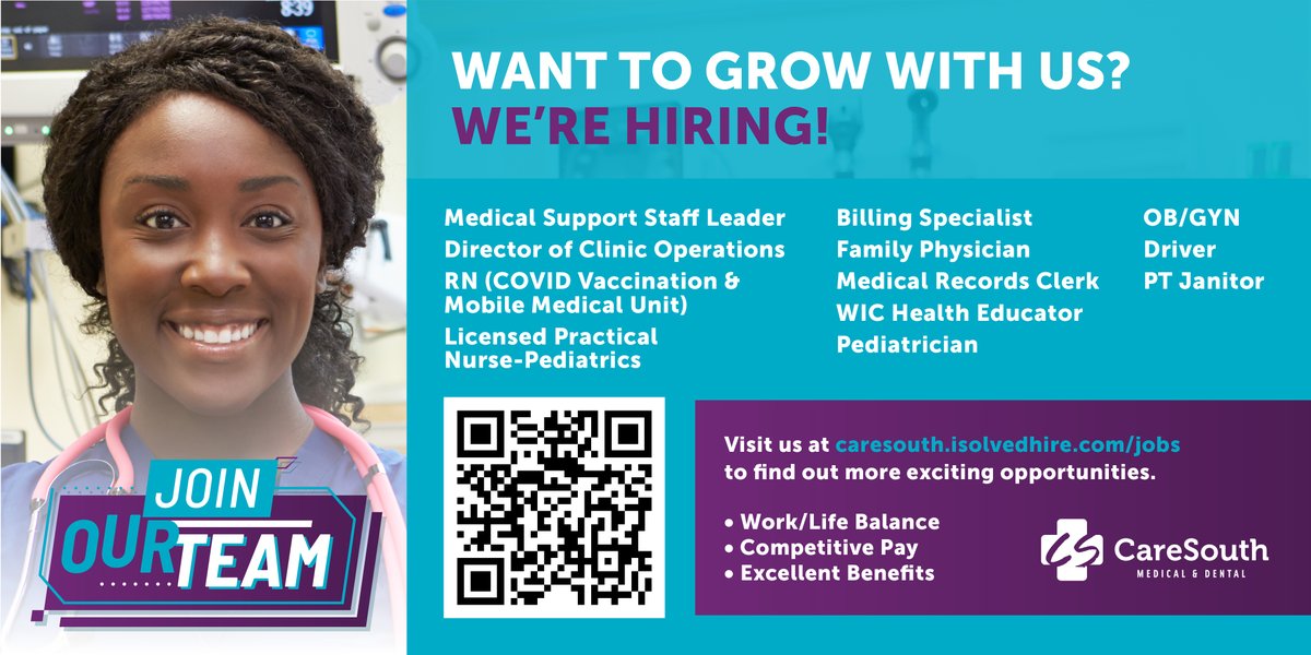 COME JOIN OUR TEAM - CareSouth is hiring. Come join our team. Great benefits and a great place to work! #familyservingfamilies #jobs #opportunities
