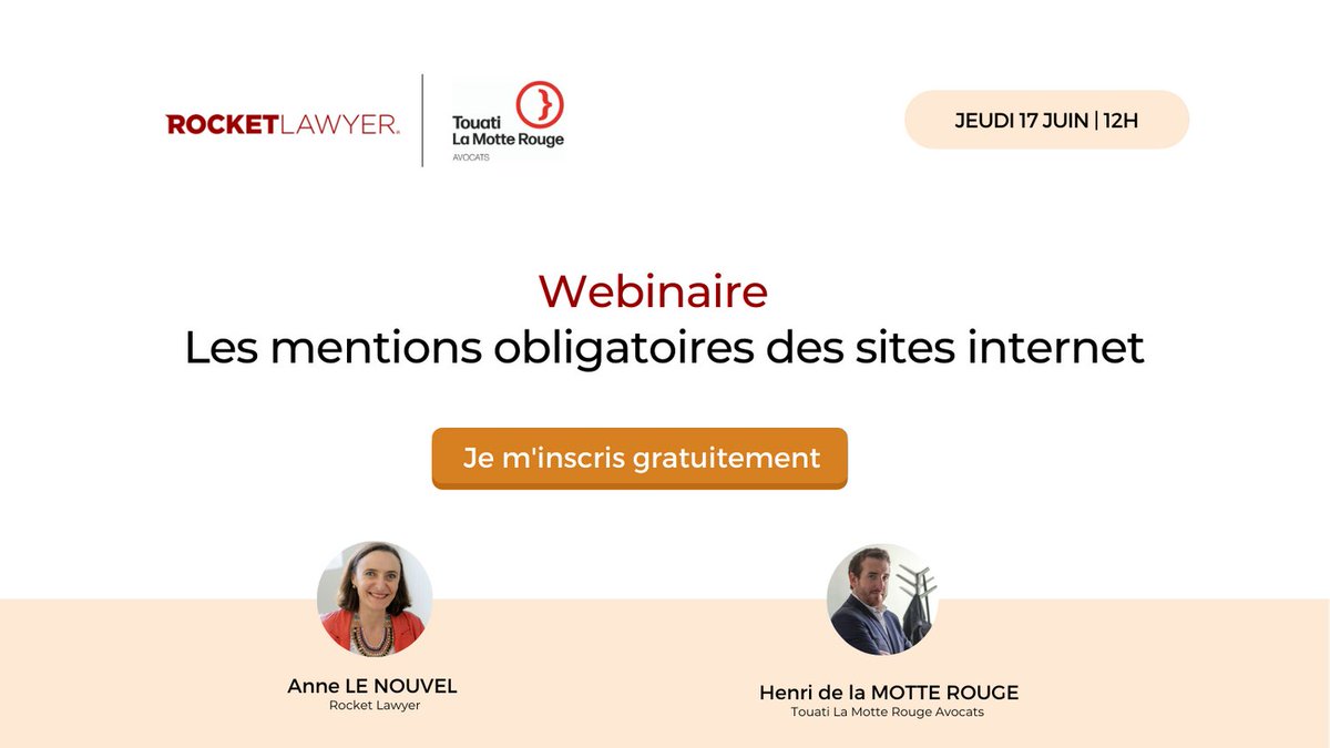 [#Webinaire n°2] Les mentions obligatoires des sites internet !

Anne Le Nouvel et Maître Henri de la Motte Rouge répondront à toutes vos questions. 

📅 Rendez-vous le Jeudi 17 Juin à 12h

📍 Réservez votre place ici : bit.ly/3g2JtJP