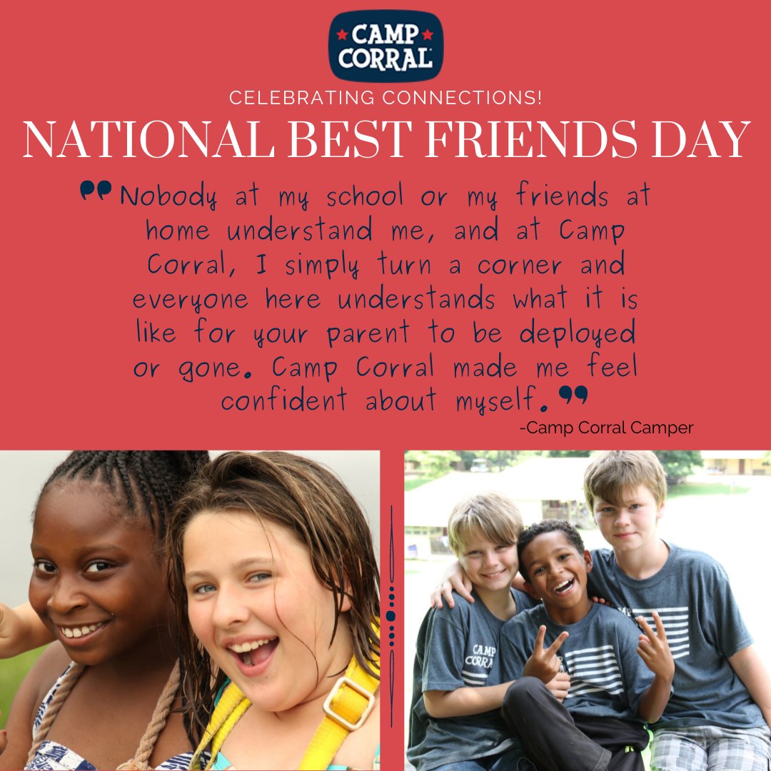 CampCorral's tweet photo. Camp Corral provides the military-connected children we serve with an opportunity to build friendships with other children who "get it".   

#FosteringFriendships #PeerConnection #CampCorral #militarychildren https://t.co/enUIPbQk2W