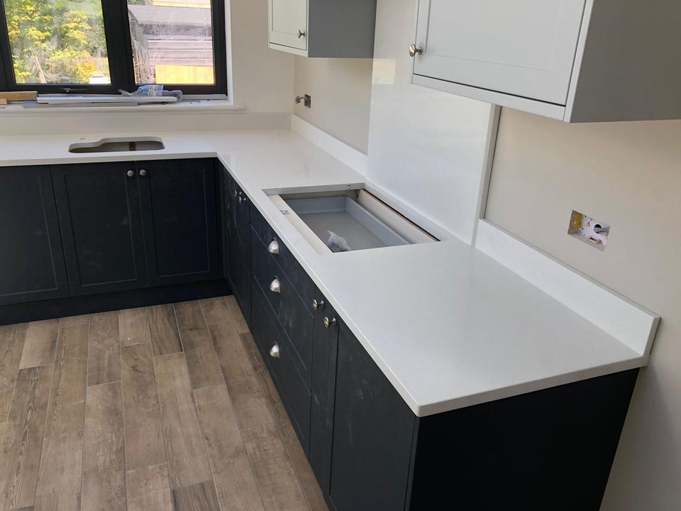 'shimmer' #quartz installation. Quartz adds a touch of class to any #kitchen. #coggeshall