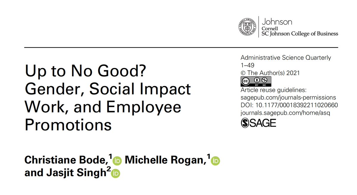 ASQJournal's tweet photo. New @SAGEManagement @ASQJournal article! Christiane Bode, @rogan_m from @ImperialBiz and @sjasjit from @INSEAD expose a connection between employees' gender, participation in social impact work, and promotion chances. https://t.co/rLPWJPJKZO https://t.co/a9WEDUbIKy