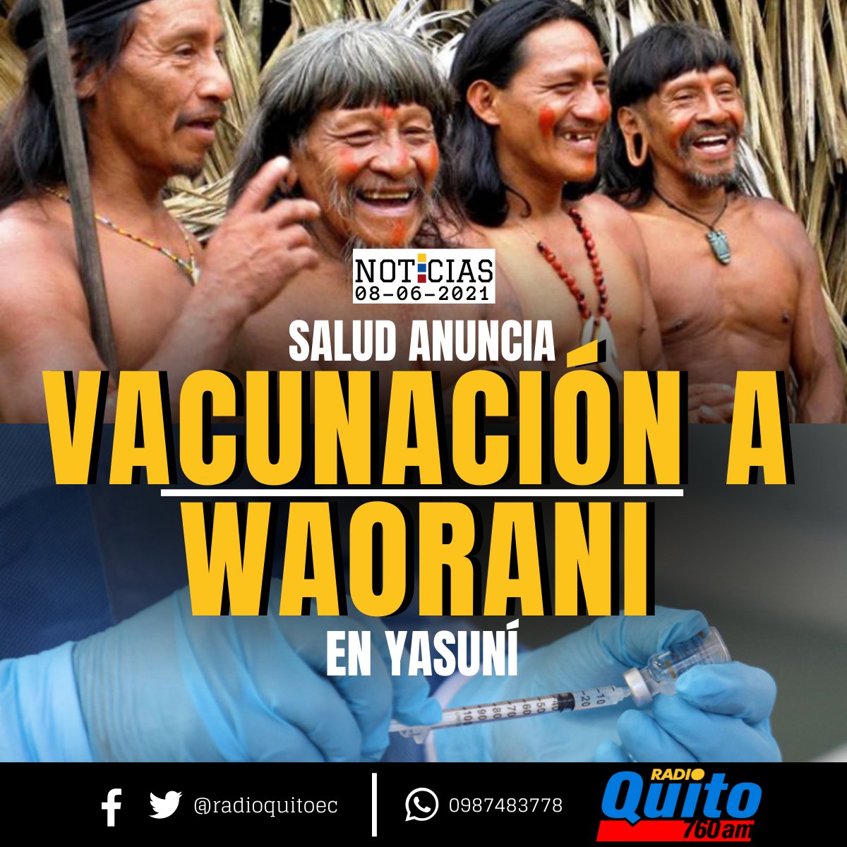 radioquitoec's tweet photo. La #vacunación anticovid-19 a la población #waorani se realizará los primeros días de julio del 2021. Para ello se prepara un #protocolo de ingreso y transporte dentro de la Zona Intangible Tagaeri-Taromenane del Yasuní (#ZITT). https://t.co/glwBWbPUQG