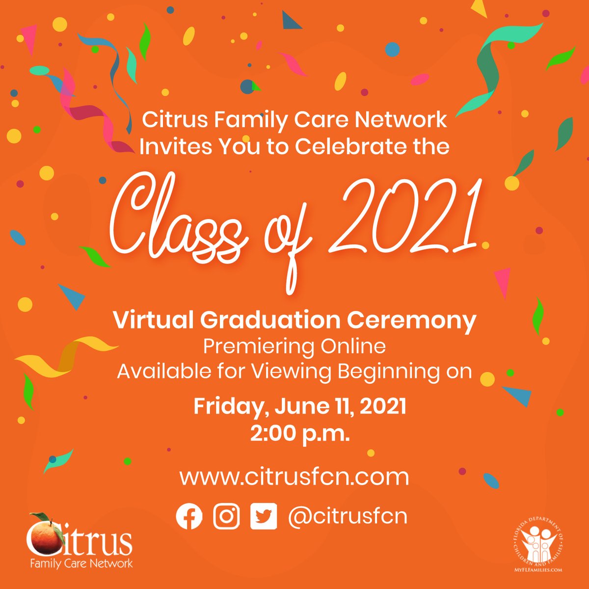 We are so excited to honor the Class of 2021!  Join us on Fri 6/11 at 2pm as we premier our virtual graduation to celebrate our youth &amp; their accomplishments!  
#FosterHopeAndLove #FosterDreams #FosterGoals #BuildingConnections4Children #BeAConnection