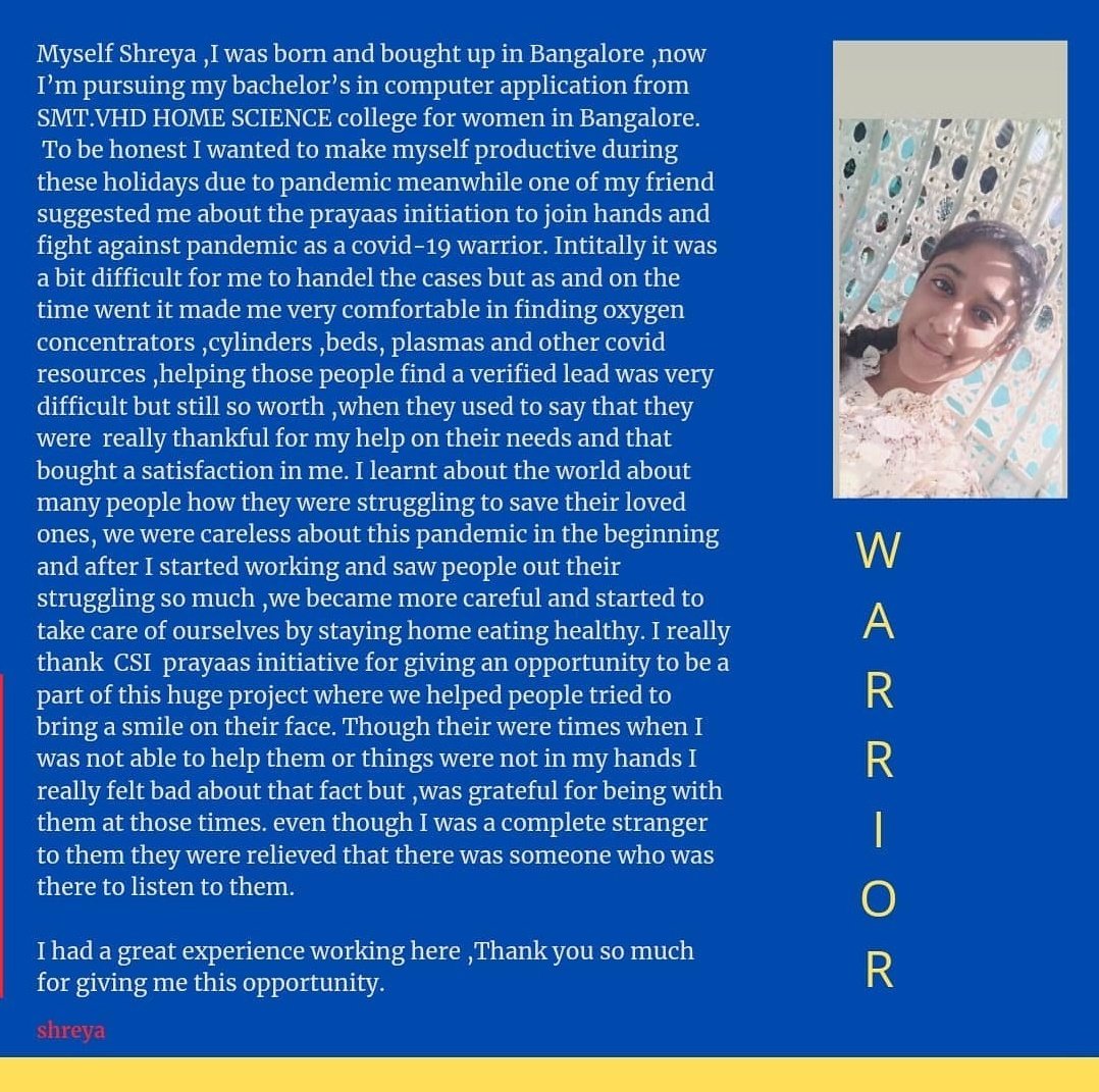 Know our #COVIDWarrior @SadanandShreya & her story of working on #Prayaas endeavors!

@csi_ngo @chanceforthem @Garimakumar7 @SoodFoundation @YuvaaVolunteers @lalitsingla_ @COVIDFightClub1 @arunbothra #Covid19 #coronavirus #HelpingHand #support #charity #BeingHuman