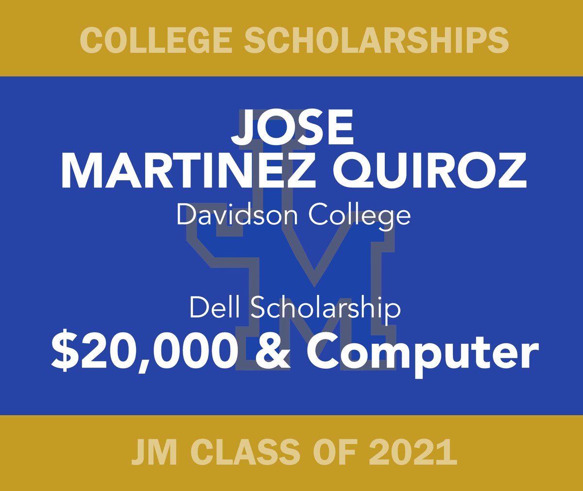 JMHSJets's tweet photo. Congrats to  #JMHS_2021Scholars Jose Martinez Quiroz, awarded the Myrtle Spaugh Reeves Memorial Scholarship from Pittsboro UMC, #DellScholar &amp; Kuykendall Scholarship! He will attend @DavidsonCollege and was part of @AVID4College at JM. https://t.co/pfta2pIqor
