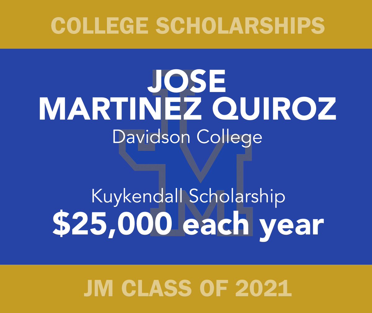 JMHSJets's tweet photo. Congrats to  #JMHS_2021Scholars Jose Martinez Quiroz, awarded the Myrtle Spaugh Reeves Memorial Scholarship from Pittsboro UMC, #DellScholar &amp; Kuykendall Scholarship! He will attend @DavidsonCollege and was part of @AVID4College at JM. https://t.co/pfta2pIqor