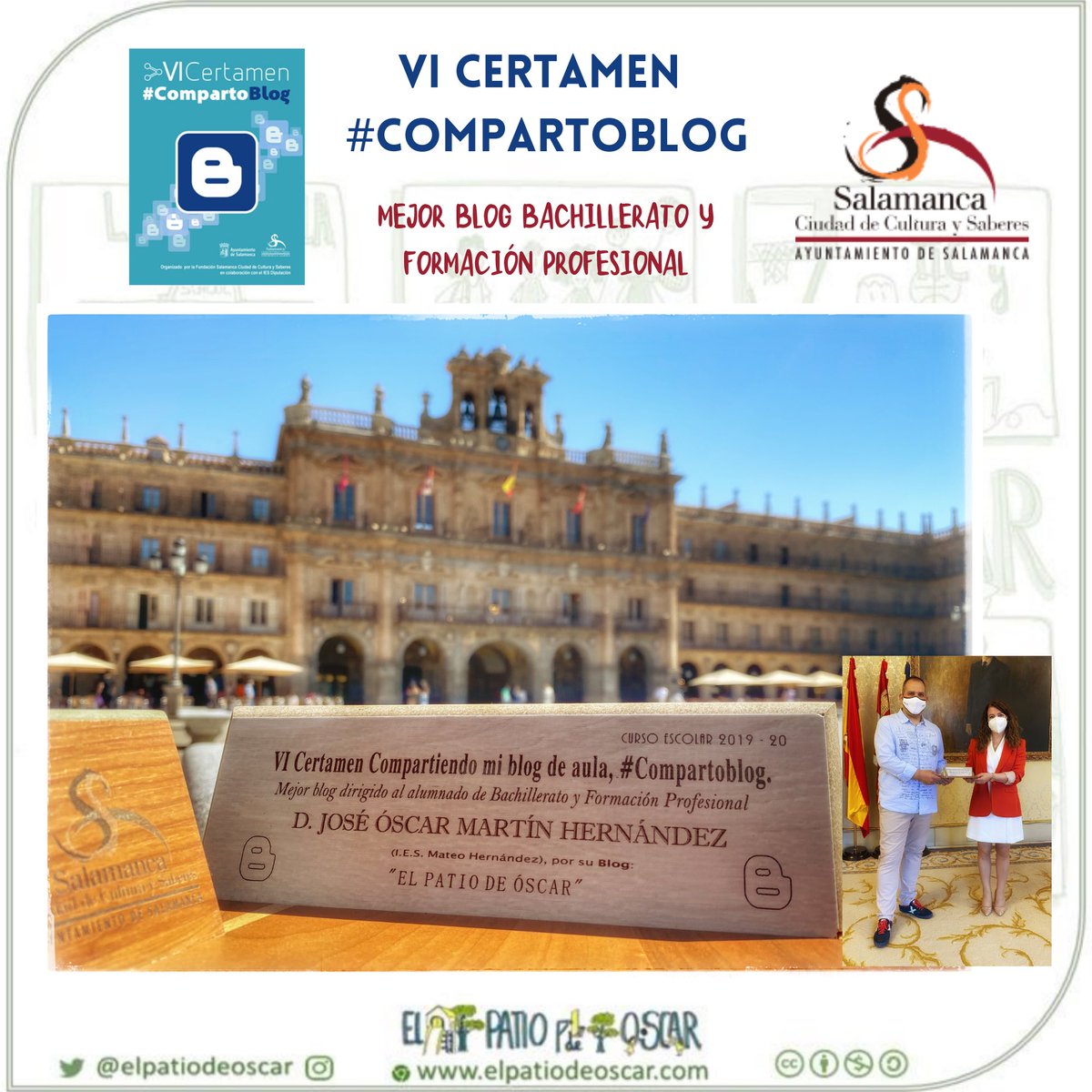 joscarmh's tweet photo. Hoy El Patio estuvo en el @aytoSalamanca 🏫 recogiendo el premio 🎖 del VI Certamen #CompartoBlog como mejor Blog en la Categoría Bachillerato y Formación Profesional. Muchas gracias 🙌🏻 @ciudadsaberes https://t.co/pgE6piEiPd