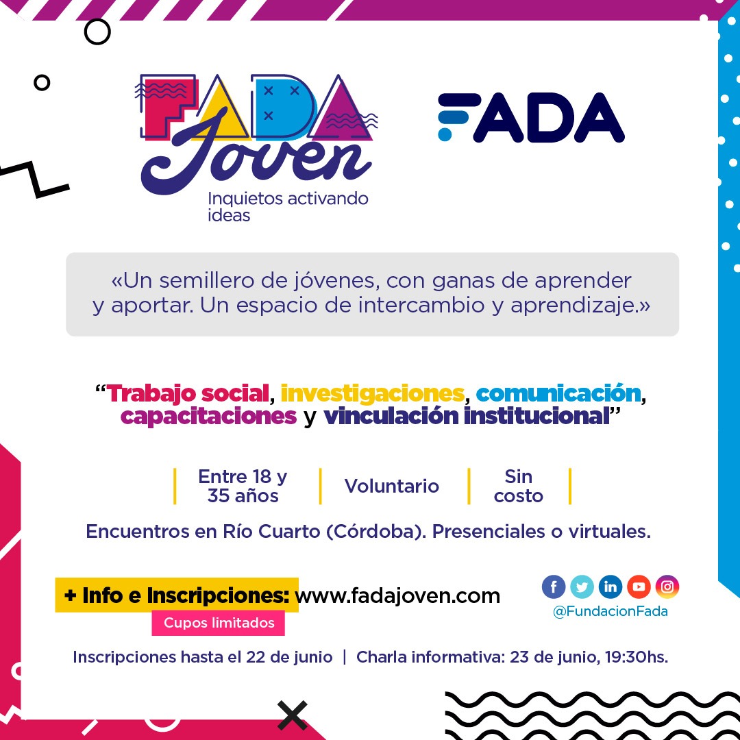 Querés SER PARTE de #FADAJoven ⁉️
Si te interesa lo social, las investigaciones, la comunicación y los vínculos o capacitarte, TE ESTAMOS ESPERANDO!!

✅ Entre 18 y 35 años
✅ Voluntario
✅ Sin costo
✅ Encuentros virtuales o presenciales (RC) 

Sumate! ⬇️
docs.google.com/forms/d/e/1FAI…