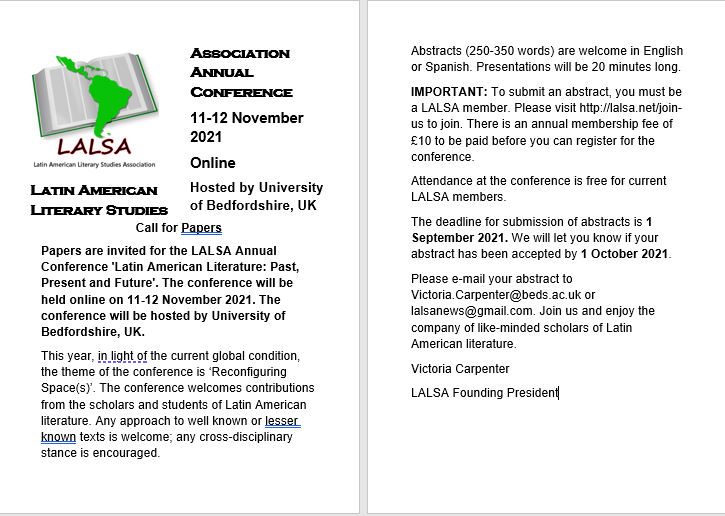 LatAmLit's tweet photo. 'Reconfiguring Space(s)' is the theme for the LALSA 2021 Annual Conference. We hope you can join us. Please send your proposals for papers by 1 September 2021. https://t.co/Vjjs7ejTz8