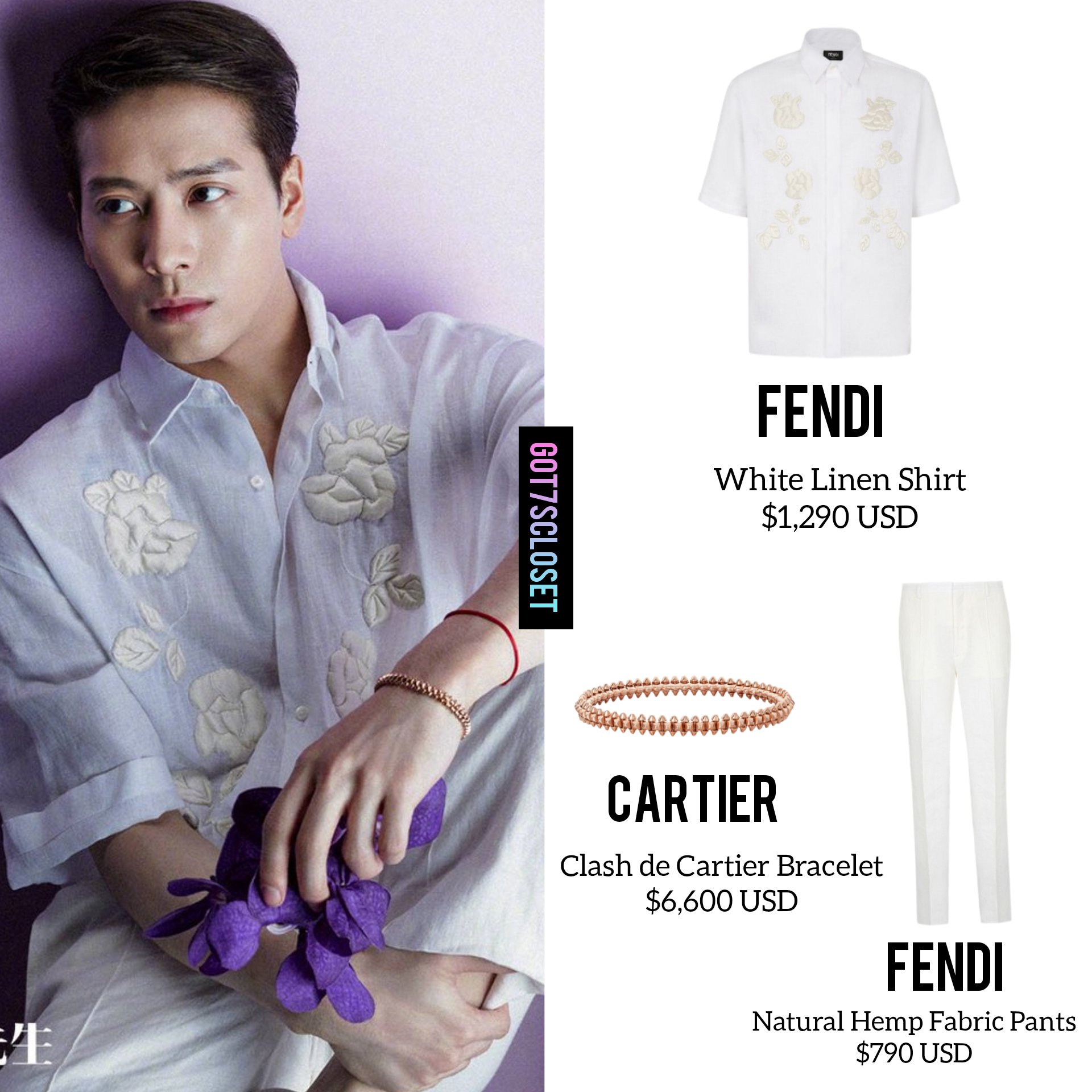GOT7 s fashion fan account on X 210608 JACKSON x ESQUIRE FENDI White Linen Shirt. 1 290 USD. FENDI Natural Hemp Fabric Pants. 790 USD. CARTIER Clash de