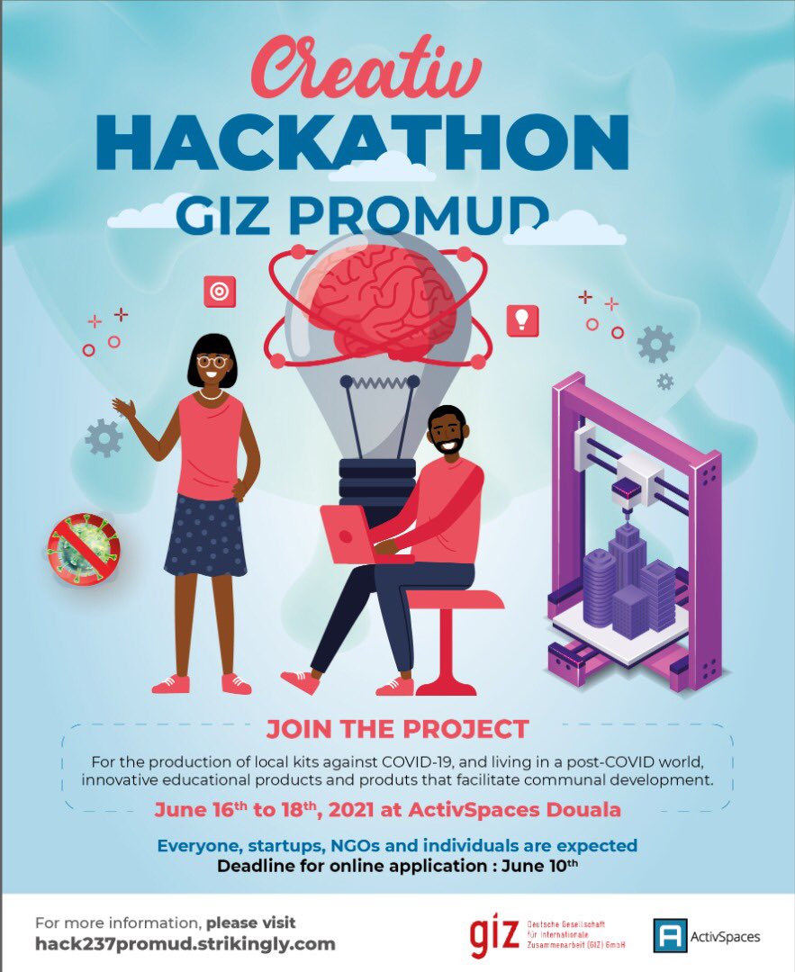 AfriLabs's tweet image. Join the Creatives and Makers Hackathon sponsored by GIZ #PRADEC in partnership with @ActivSpaces, from 16th-18th June, 2021 at ActivSpaces Douala. 

This project is to teach participants how to produce local kits and more against COVID-19.

Signup here: bit.ly/3zacdYL