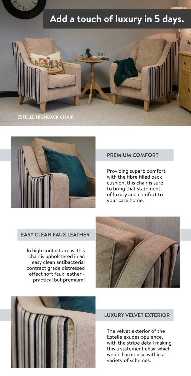 Combining anti-bacterial faux leather with velvet for the premium look, Estelle is the chair you've been waiting for!

With delivery within 5 working days, contact us on sales@furncare.co.uk to find out more.

lnkd.in/dPq-gq2

#carehomes #contractfurniture #dementiacare
