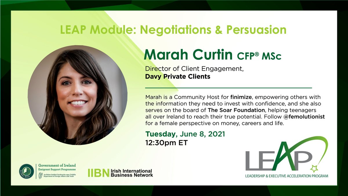 leap_now's tweet photo. We can't wait for our last #leapnow2021 Module: Negotiations & Persuasion with Marah Curtin @FinLitDub later today! @IIBN @GlobalIrish @amullennyc @jscanlon1 @Femolutionist
#leapnow https://t.co/T2QfbhflPf