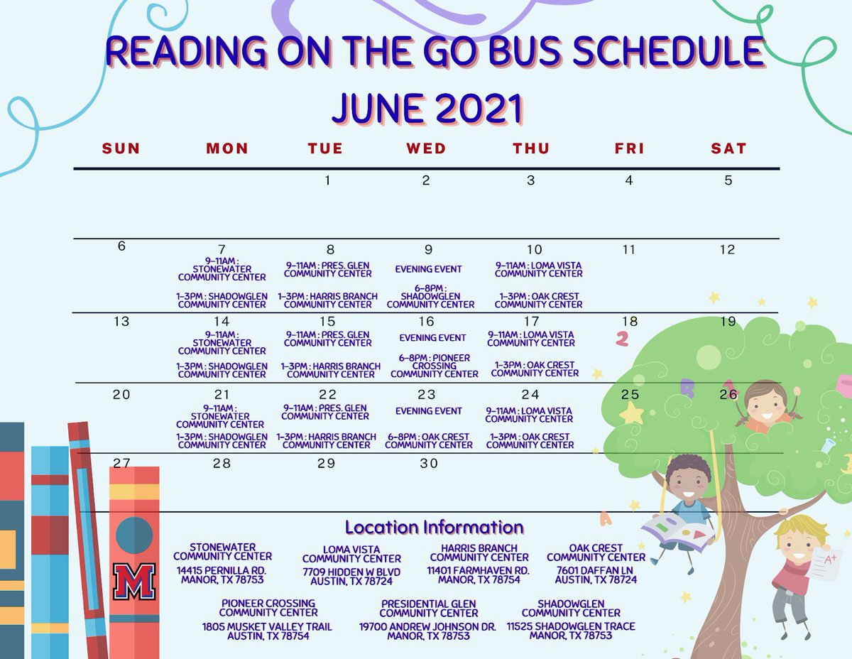 ¿Ha visto el autobús Reading On The Go de Manor ISD por la ciudad? 👀 ¡Consulte el calendario para ver cuándo estará la biblioteca móvil en un vecindario cercano a usted! 📖 🚍