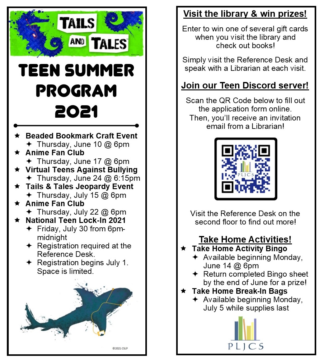 PLJCS1's tweet photo. We are excited to share our Teen Summer Program for 2021, which includes:
-a mix of in-person and take-home activities,
-the launch of our Teen Discord server,
-and several different ways to win prizes! https://t.co/nqD3TZfEcs