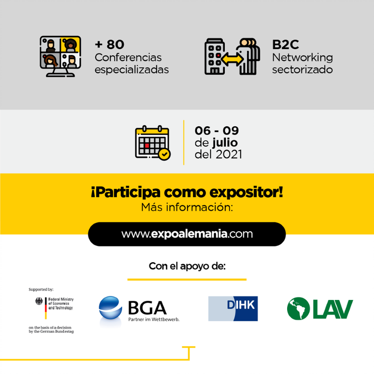 🇩🇪 Expo Alemania Virtual 2021 🇩🇪

🗓️Fecha: 06 al 09 de Julio 

¡Participa como expositor y aprovecha los beneficios!

🖥️ Para más información, visite la página web: expoalemania.com o contáctenos 🇵🇦

¡Lo esperamos!