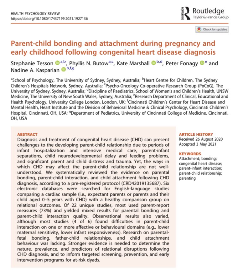 Dr. Nadine Kasparian (@nkasparian) on Twitter photo 🚨Our Latest: Parent-child #bonding & #attachment during pregnancy & early childhood following congenital #heartdisease diagnosis tandfonline.com/doi/full/10.10… Congrats <a href="/STesson_/">Dr Stephanie Tesson</a> !💫 Big thanks to our coauthors #PhyllisButow @PeterFonagy <a href="/MarshallKateH/">Kate Marshall, PhD</a> <a href="/healthpsychrev/">Health Psychology Review</a> #CHD #earlylife 🚨Our Latest: Parent-child #bonding & #attachment during pregnancy & early childhood following congenital #heartdisease diagnosis tandfonline.com/doi/full/10.10… Congrats <a href="/STesson_/">Dr Stephanie Tesson</a> !💫 Big thanks to our coauthors #PhyllisButow @PeterFonagy <a href="/MarshallKateH/">Kate Marshall, PhD</a> <a href="/healthpsychrev/">Health Psychology Review</a> #CHD #earlylife