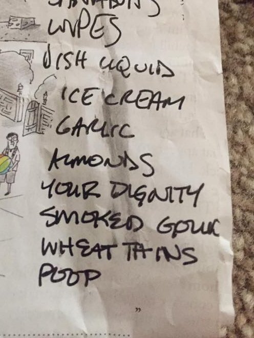 My husband's grocery list ended at "Almonds," but his handwriting is easy to forge...