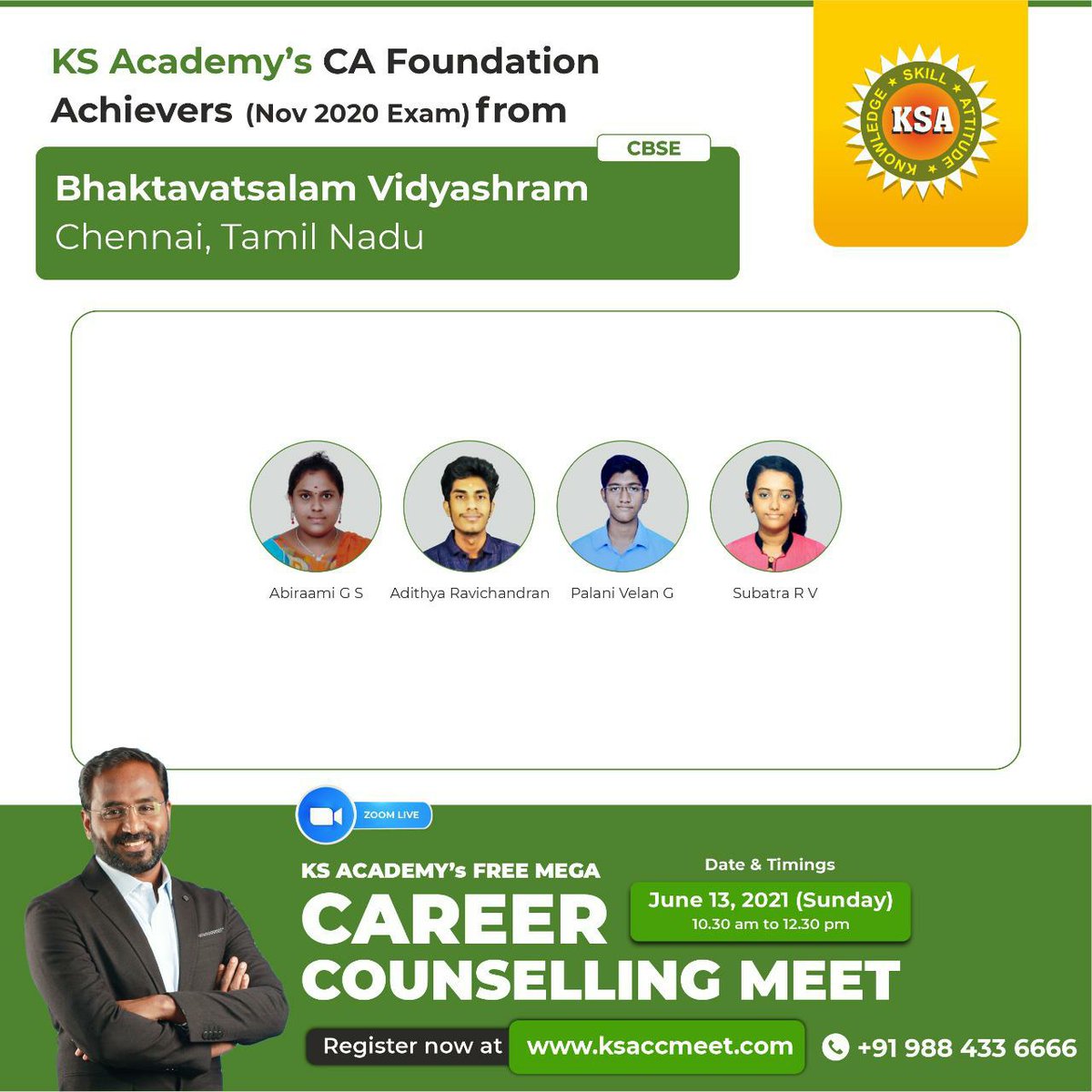 KS Academy's CA Foundation Achievers (November 2020 Exam) from Bhaktavatsalam Vidyashram, Chennai, Tamil Nadu

#Bhakthavatsalam #School #Bhaktavatsalam_vidyashram #Student #Cleared #Exams #Examinations #12thExams #BoardExams #KSA #KS_Academy #CA_Coaching #CA_Foundation #CA