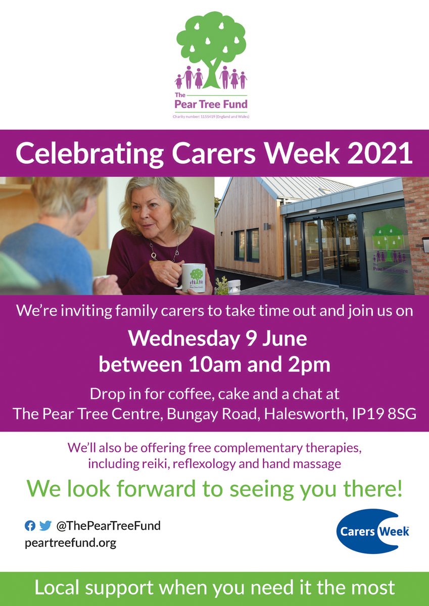suffolkcarers's tweet image. Are you a family carer in Halesworth? 

This Wednesday as part of #CarersWeek @ThePearTreeFund are inviting you to join them for a cuppa, cake and a chat. Celebrating Carers Week 2021 and helping to make caring visible and valued!

#SuffolkCarersWeek