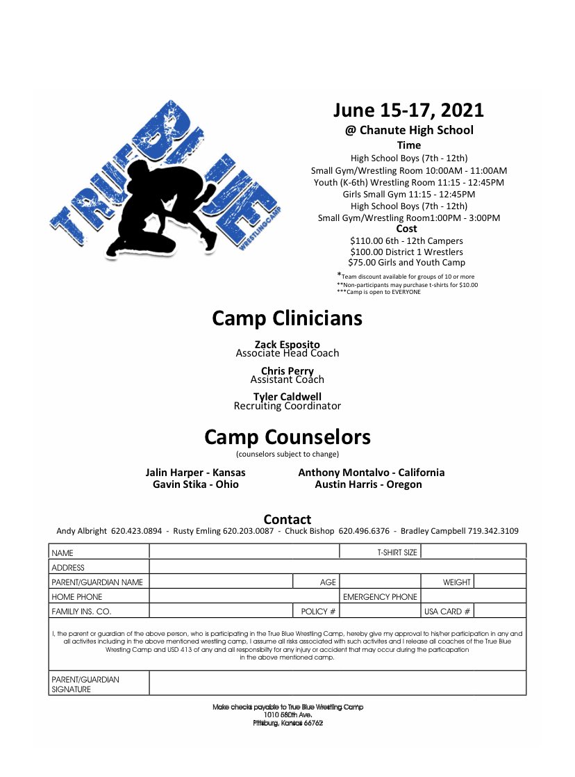 True Blue Wrestling Camp in Chanute with Camp Clinicians from Oklahoma State and camp counselors from several different programs. ⬇️