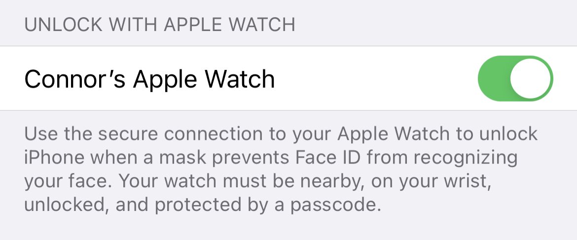ConnorR_Miller's tweet photo. If you have an Apple Watch, you can now unlock your phone with it! This makes it so if FaceID can’t unlock your phone, your watch will. @Apple THANK YOU! https://t.co/Xgc268e5j8