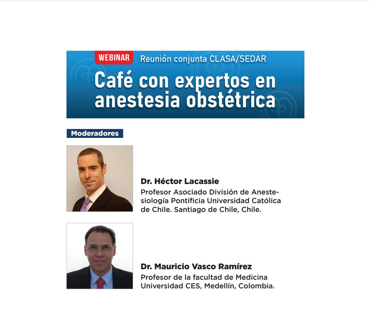 sedar_es's tweet image. #ObstetriciaSEDAR  Acceso libre/Sin inscripción previa 👉🏼 La confederación latinoamericana de Sociedades de Anestesiología #CLASA y la #SEDAR te invitan a este café con #expertos en #anestesiaobstétrica en español y portugués. No te va a defraudar ¡Comparte!🔗 ID ZOOM 83900012949