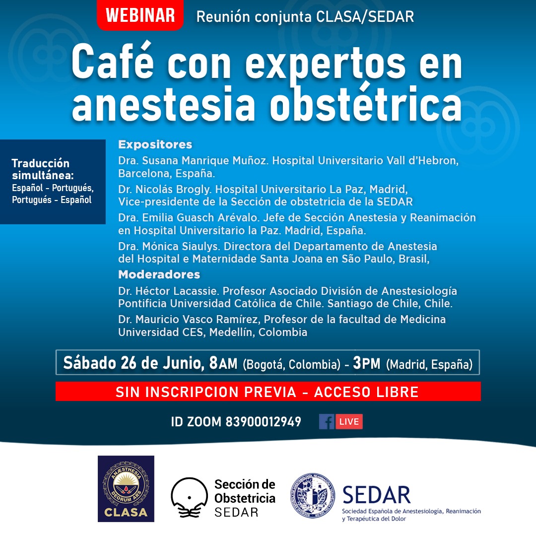 sedar_es's tweet image. #ObstetriciaSEDAR  Acceso libre/Sin inscripción previa 👉🏼 La confederación latinoamericana de Sociedades de Anestesiología #CLASA y la #SEDAR te invitan a este café con #expertos en #anestesiaobstétrica en español y portugués. No te va a defraudar ¡Comparte!🔗 ID ZOOM 83900012949