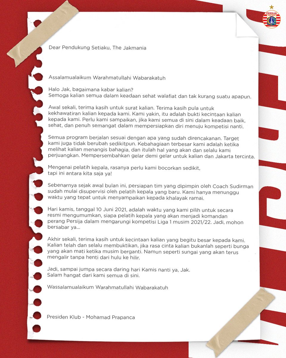 Persija_Jkt's tweet photo. Dear Jakmania... 

Sampai jumpa di "Ngopi Bareng Presiden Klub", Kamis 10 Juni 2021 ❤

#BelieveIn12 #PersijaJakarta https://t.co/0dScJGNntj