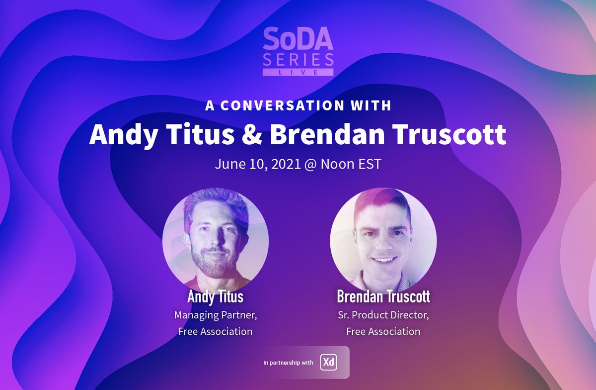This Thursday, join <a href="/FreeAssociation/">Free Association</a> and <a href="/AdobeXD/">Adobe XD</a> for a live discussion on the tools to build great design teams and trust with clients. RSVP: bit.ly/3v1eIsU

#SoDAseriesLIVE #Design #AdobeXD #CreativeCloud