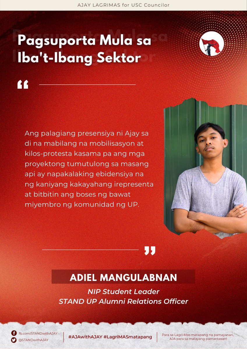 STANDwithAJAY's tweet photo. PAGSUPORTA NG MGA ISKOLAR NG BAYAN:

Basahin ang buong pahayag ng pagsuporta ng mga siyentista at artista ng bayan dito: https://t.co/aCdPgh9uvn

#AJAwithAJAY 
#LagriMASmatapang https://t.co/JH0Y2lsHjw