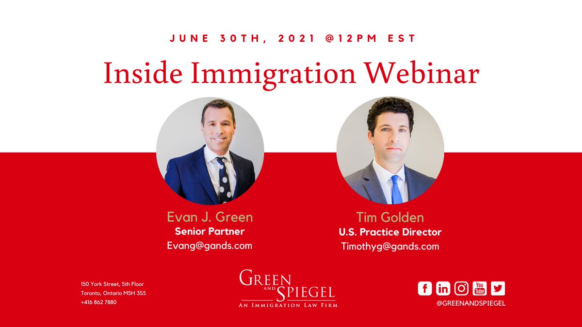 GreenAndSpiegel's tweet photo. Interested in Canadian immigration amid #COVID19? Join our upcoming webinar featuring Partner @EvanGandS & U.S. Practice Director Tim Golden for the latest news, insights and expertise #InsideImmigration! Register today to secure your spot ➡️https://t.co/kcFdWWDvJZ 🇨🇦 https://t.co/D25LlULi1m
