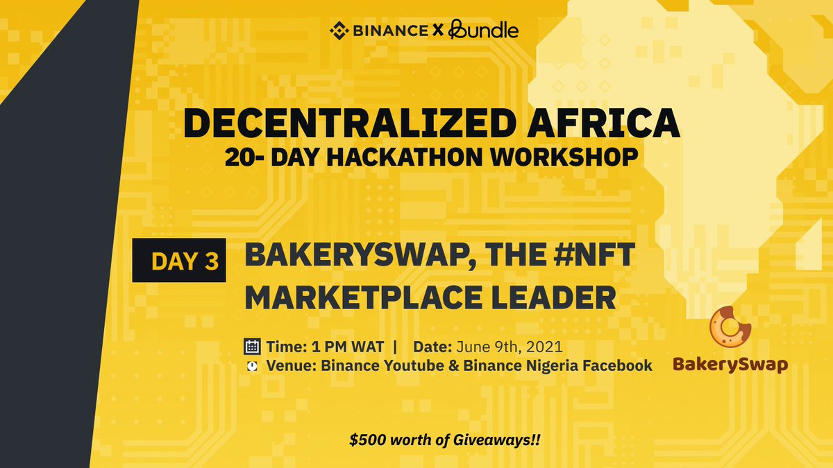 BinanceAfrica's tweet photo. On Wednesday, June 9th at 1PM WAT, We will be hosting the team at @bakery_swap to speak about #NFTs during the #AfricaHackathon DAY 3

💰 $500 Worth of Prizes #BAKE  
⚡️ RT &amp; Tag 3 friends
⚡️ Follow @binanceafrica_ on Instagram 

Join 🕰️ https://t.co/ecTlKd5hMi https://t.co/vqzCtAHBaH