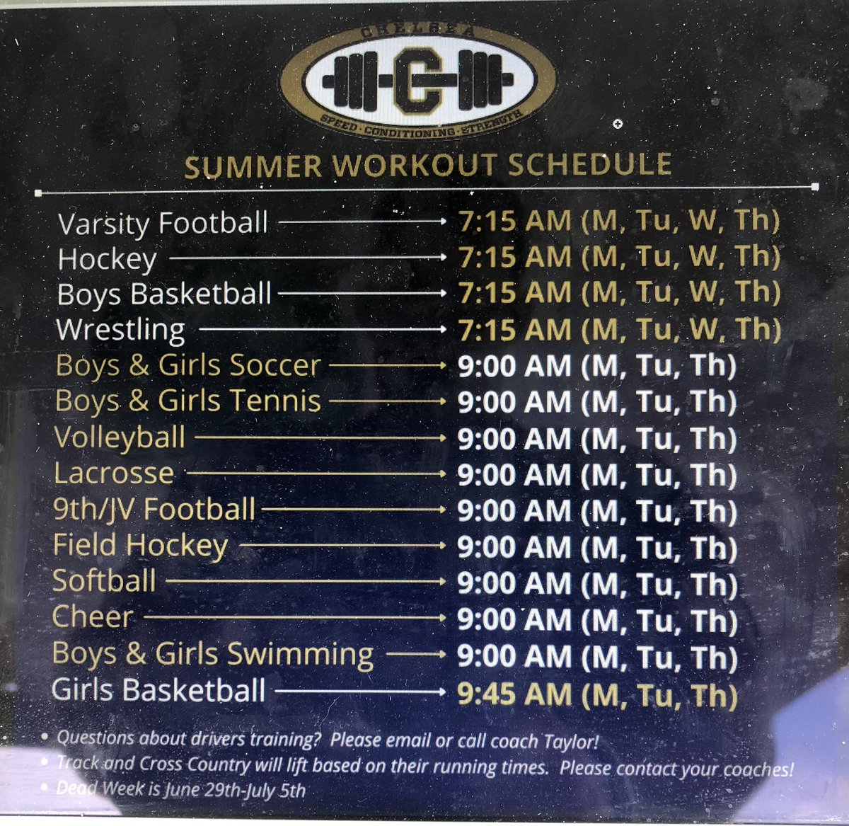 Plz see times for your sport! Baseball lifts with Football.  All other sports not listed will be communicated out via sport coach. Any questions email/text Coach Taylor.