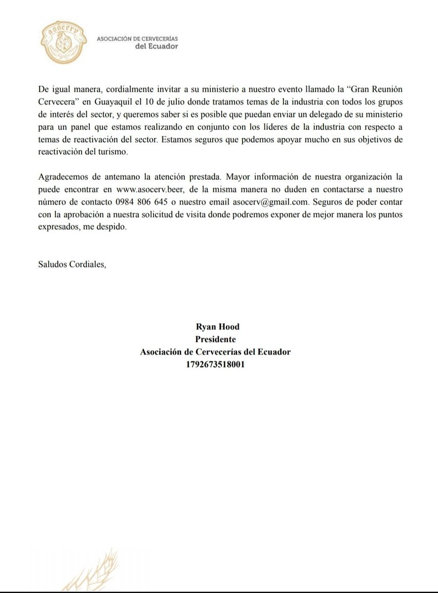 Hemos enviado formalmente al sr ministro @nielsolsenp nuestros mejores deseos en su gestión en tan importante institución <a href="/TurismoEc/">Viceministerio de Turismo Ecuador 🇪🇨</a> Igualmente, expresar nuestro apoyo. Esperamos poder tener un espacio para tratar temas de la industria ligados al #TurismoNacional