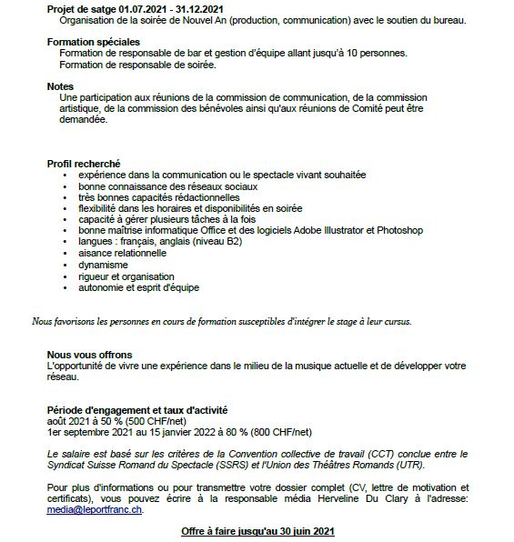 ⚡️ STAGIAIRES WANTED ⚡️
Stage communication et production / Stage administration et production
Postulations à faire jusqu'au 30 juin 2021. 
Toutes les infos sont ici: leportfranc.ch/pages/19