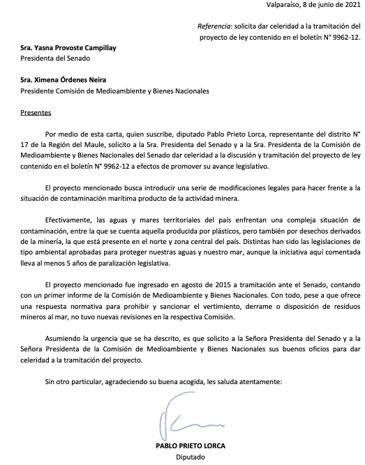 pabloprietol's tweet photo. Hoy, en el Día Mundial de los Océanos🌊 Envié una solicitud a pdta del Senado @ProvosteYasna y a pdta de la C. de Medio Ambiente @ximenaordenes para retomar la discusión de un proyecto que duerme desde 2015 y que busca prohibir el vertimiento de desechos mineros al mar https://t.co/PXrepQ2VaV