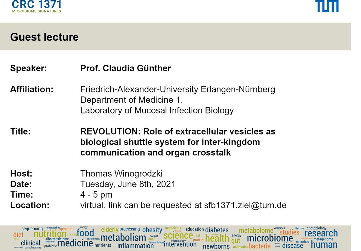 crc1371's tweet photo. Great job @Dgbtz00 for inviting Prof. Claudia Günther to our lecture series! Many thanks to the speaker for her talk on the "Role of extracellular vesicles as biological shuttle system for inter-kingdom communication and organ crosstalk" https://t.co/lIy9F4eHgP
