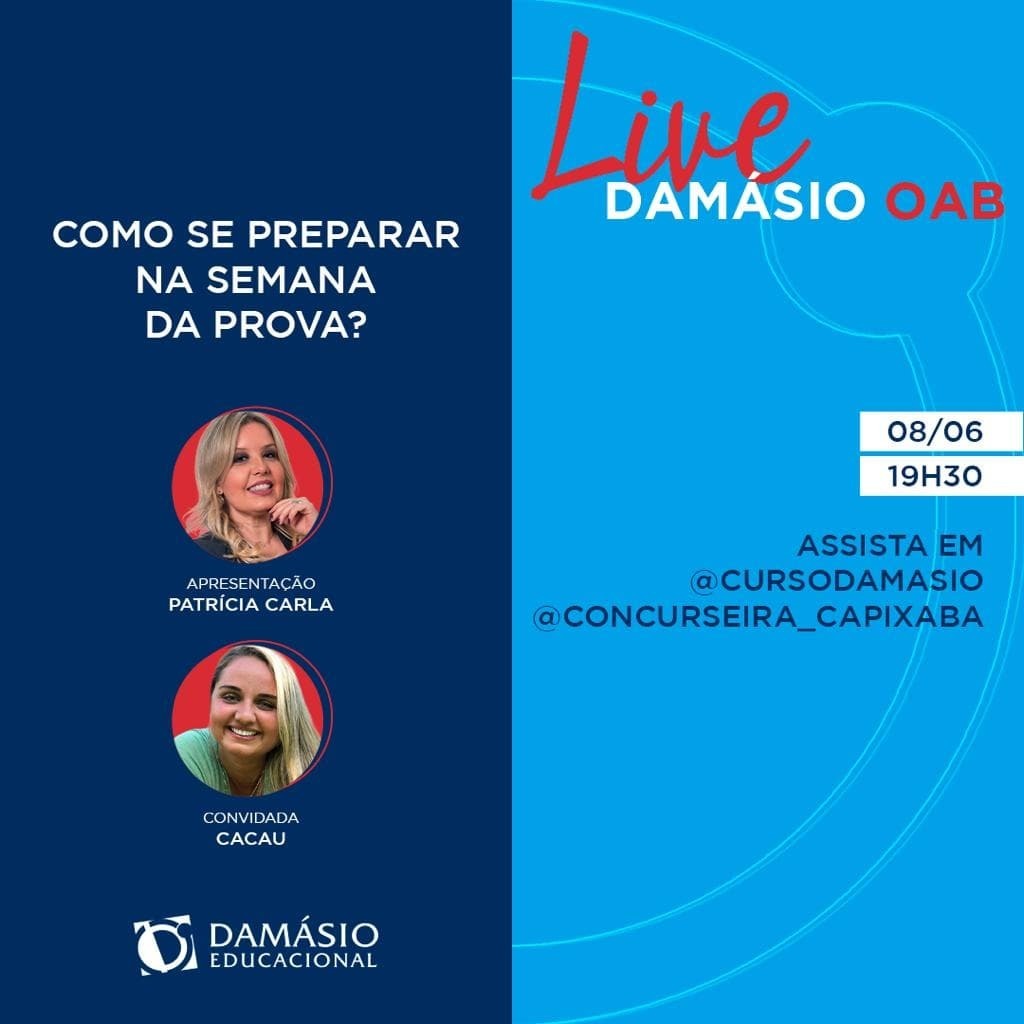 damasiorbr's tweet photo. ➡Live Damásio OAB
Como se preparar na semana da prova? 🤔
Hoje (08/06) às 19h30 (Horário de Brasília) no instagram do @cursodamasio, nossa professora @profapatricia e @concurseira_capixaba aguardam a sua participação!
#oab #oabac #direito https://t.co/JM7ILHQA3k