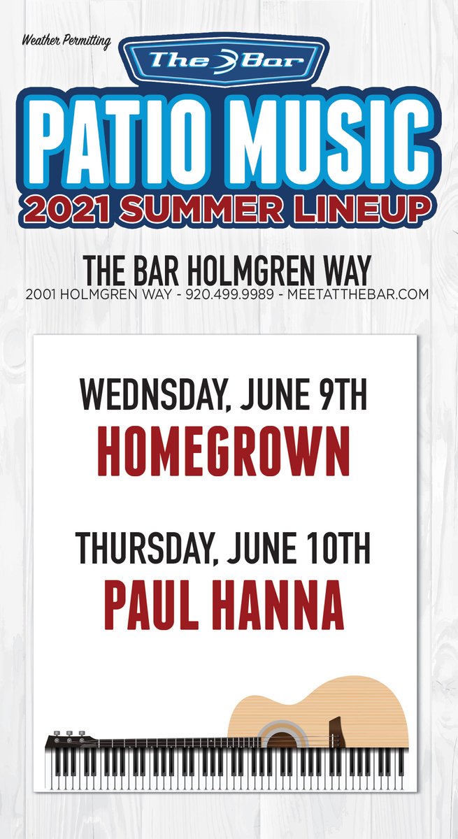 Join us tomorrow (6/9) and Thursday (6/10) for our first live music performances of the summer as Homegrown and Paul Hanna stop by our patio for the evening!