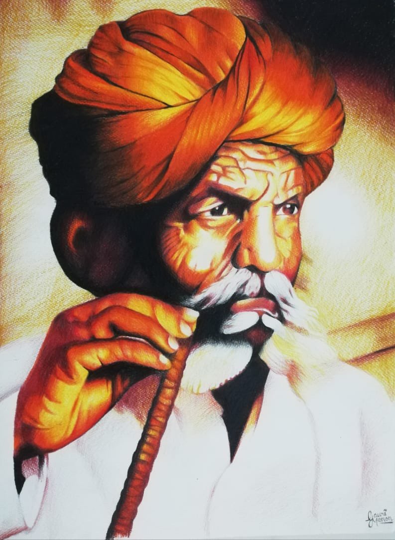 A remarkable art piece made by Gauri Memon of grade 10A which depicts the portrait of a rajasthani villager, wearing traditional scarlett turban with white kurta. #traditionalpaintings <a href="/Fatima_Martin/">Fatima Martin</a> <a href="/TeresaRusten/">Teresa Rusten</a> <a href="/GNMS_Tigers/">GNMS_Secondary Tigers_Semper Sursum</a>