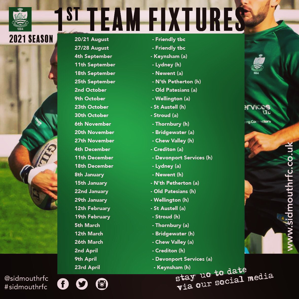 SidmouthRFC's tweet photo. 📢 New season fixtures are out! SRFC’s 1st XV fixtures for the 2021/22 season! 👊🏉👊@philldollman @Yenz_2 @VX3apparel @FordsSouthWest @Dukessidmouth @JurassicPhysio @jurassicfibre https://t.co/YICGOvZsWz