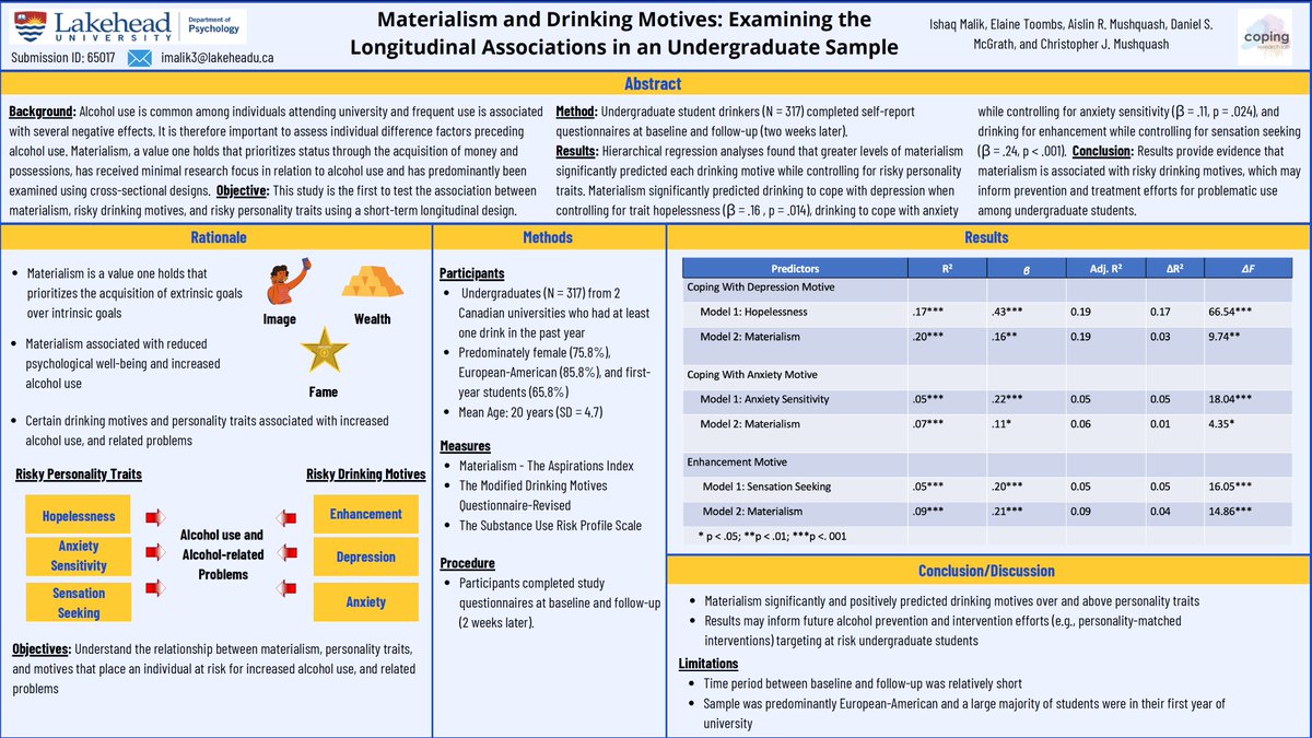 CopingLab's tweet image. Izzy Malik, one of our undergraduate students, will be presenting his poster on materialism and drinking motives today at 11am EST for the @CPA_SCP convention! @AislinMushquash #psychology