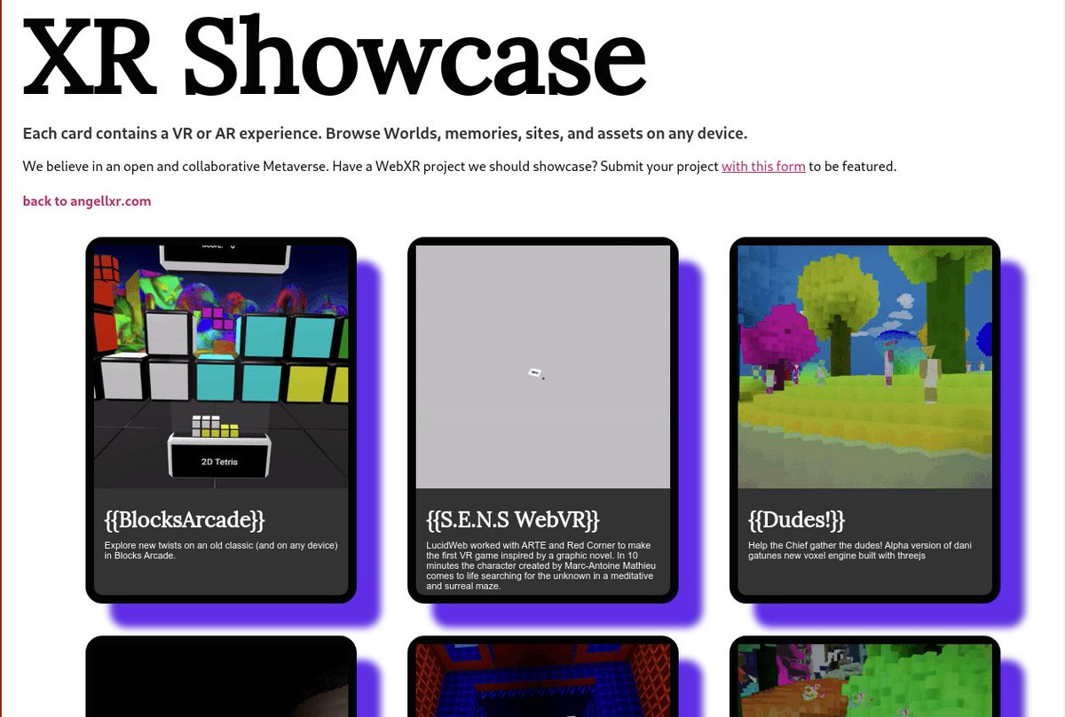 Angell_XR's tweet photo. Today's https://t.co/JXGVenDi2x reshuffle has BlocksArcade (Diarmid), S.E.N.S. (@lucidw3b) and Dudes! (@DaniGatunes) at the top of the queue. Submit your project with the google form at the top. Let's lift each other up, and celebrate the open #Metaverse. https://t.co/PS4uWyUnoW